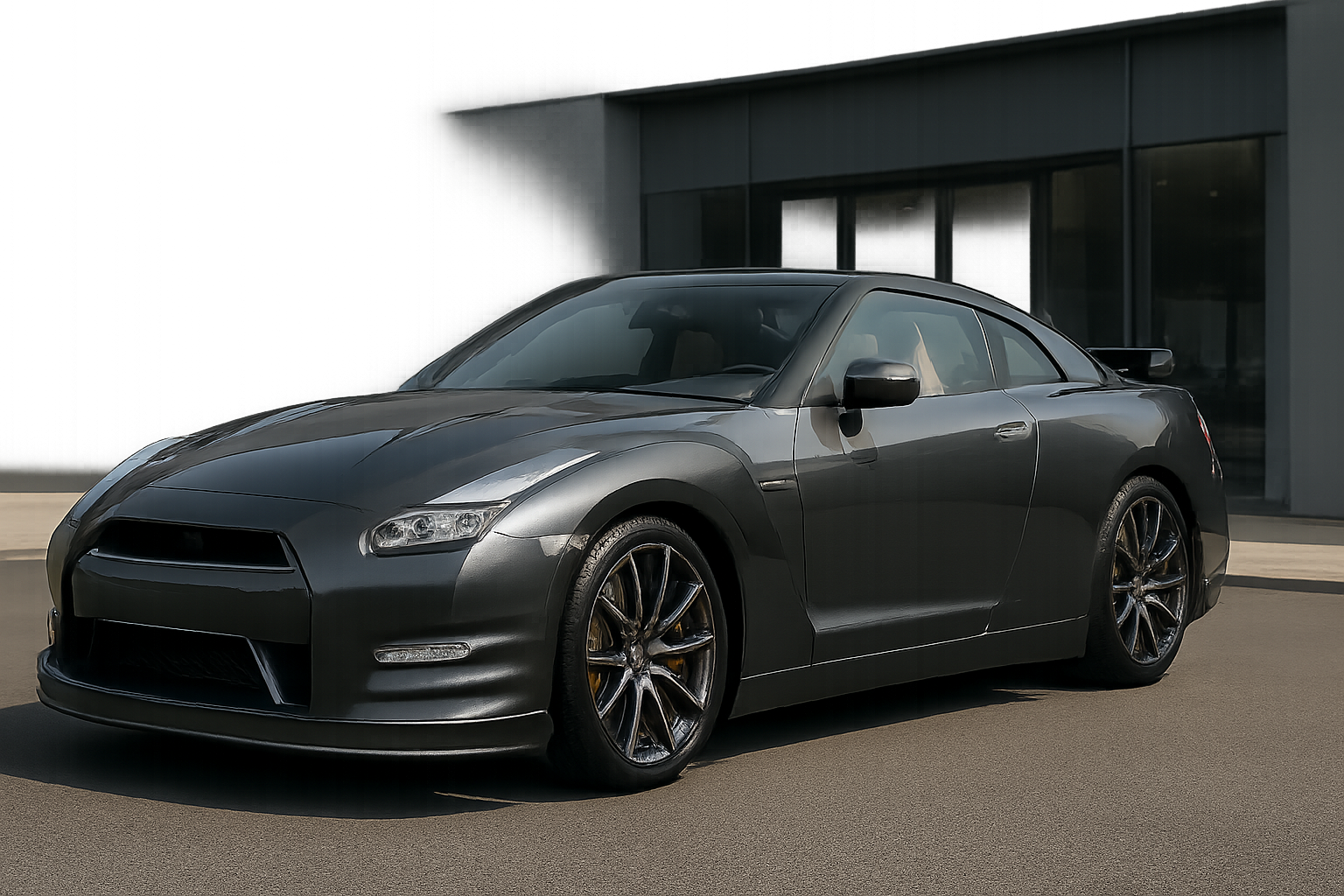 Sleek dark grey sports coupé with sculpted lines and black alloy wheels parked on smooth tarmac near a modern building