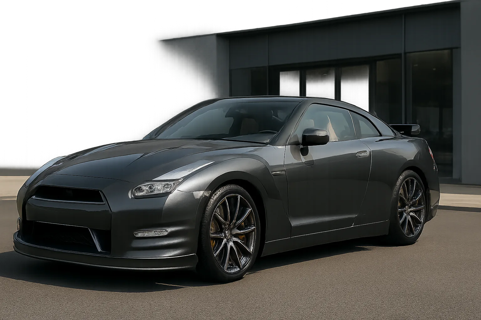 Sleek dark grey sports coupé with sculpted lines and black alloy wheels parked on smooth tarmac near a modern building