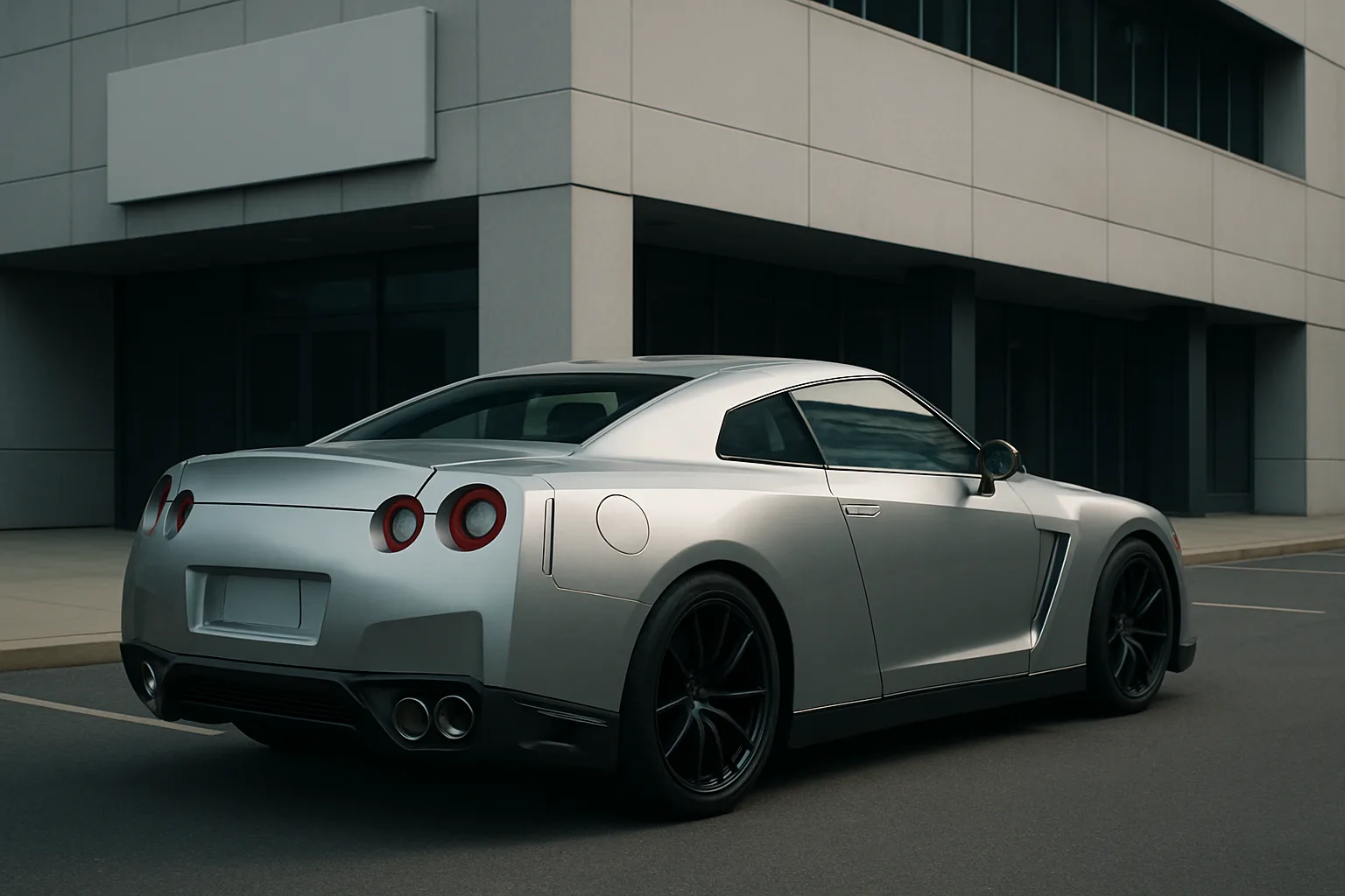 Silver sports coupe with smooth angular lines and black wheels parked outside a modern, grey office building in soft daylight