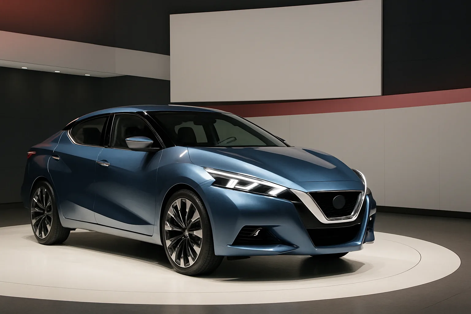 Sleek blue concept car with sharp angles and LED headlights displayed on a turntable in a minimalist showroom
