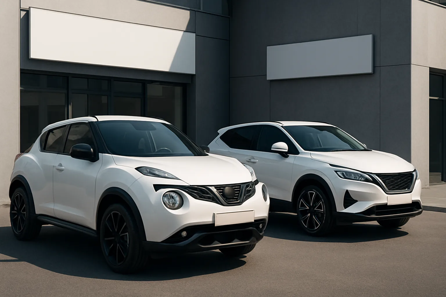 Two white crossover vehicles with dark windows and black wheels parked side by side in front of a modern grey building