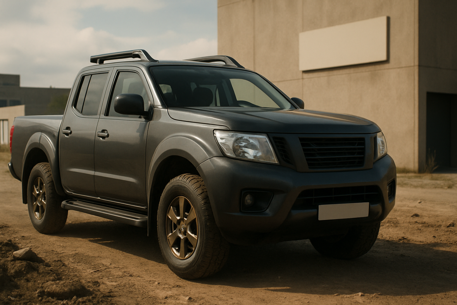 Matte grey pickup truck with dark alloy wheels parked on a dirt road beside beige modern buildings under a cloudy sky