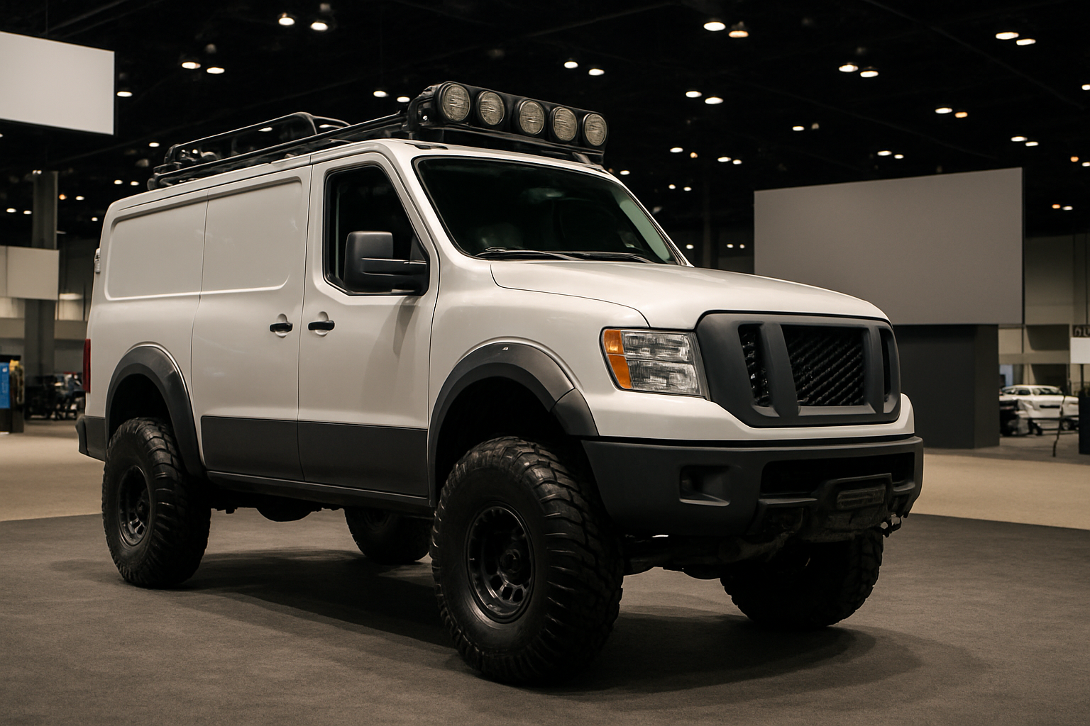 A white, boxy cargo van with large off-road tires, roof lights, and black trim sits under bright indoor lighting