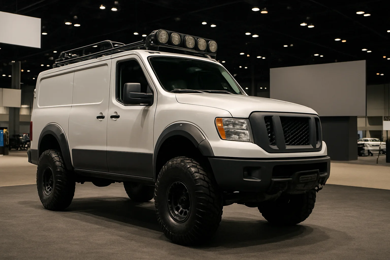 A white, boxy cargo van with large off-road tires, roof lights, and black trim sits under bright indoor lighting