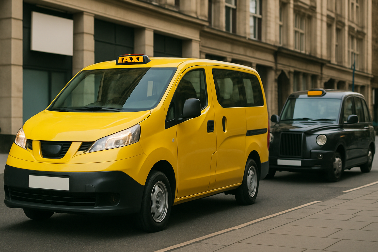 A bright yellow van-shaped taxi and a traditional black taxi with roof signs parked on a city street of stone buildings