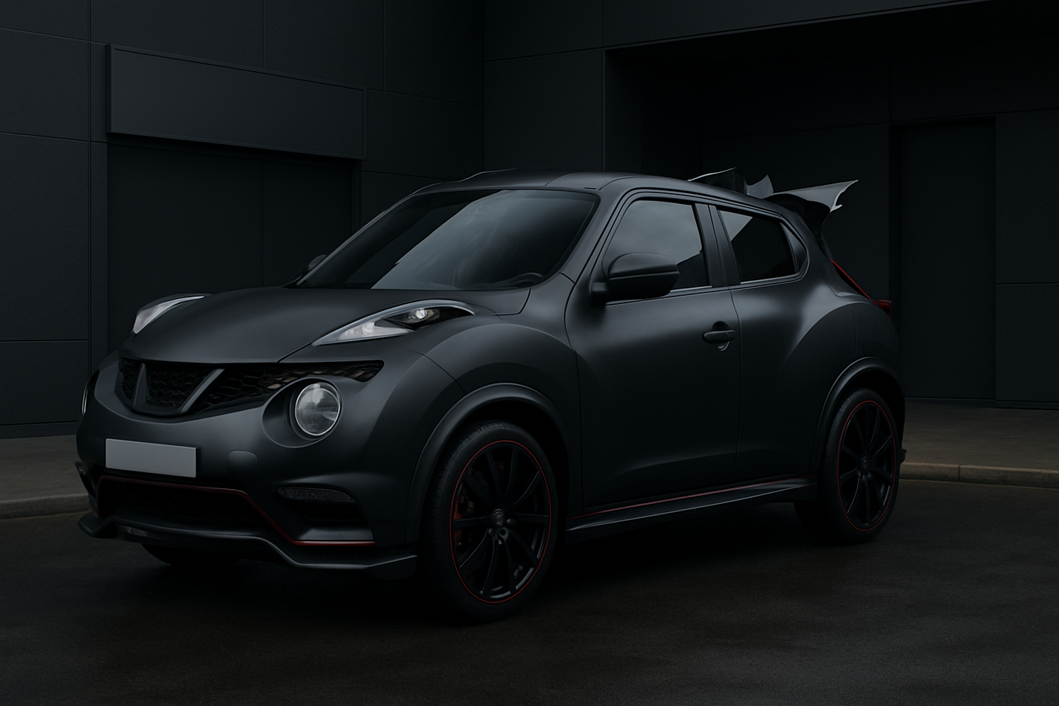 Matte black compact SUV with smoked lights, red trim and angular rear spoiler parked on a dark, modern street