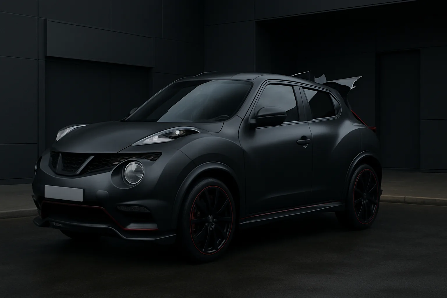 Matte black compact SUV with smoked lights, red trim and angular rear spoiler parked on a dark, modern street
