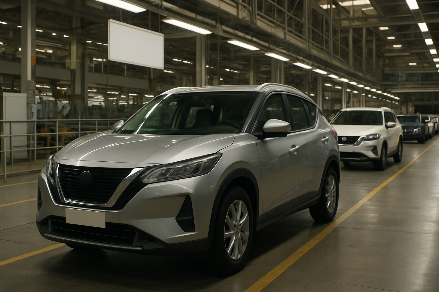 A silver SUV stands in the foreground of a clean, well-lit car factory with another vehicle behind it on the production line