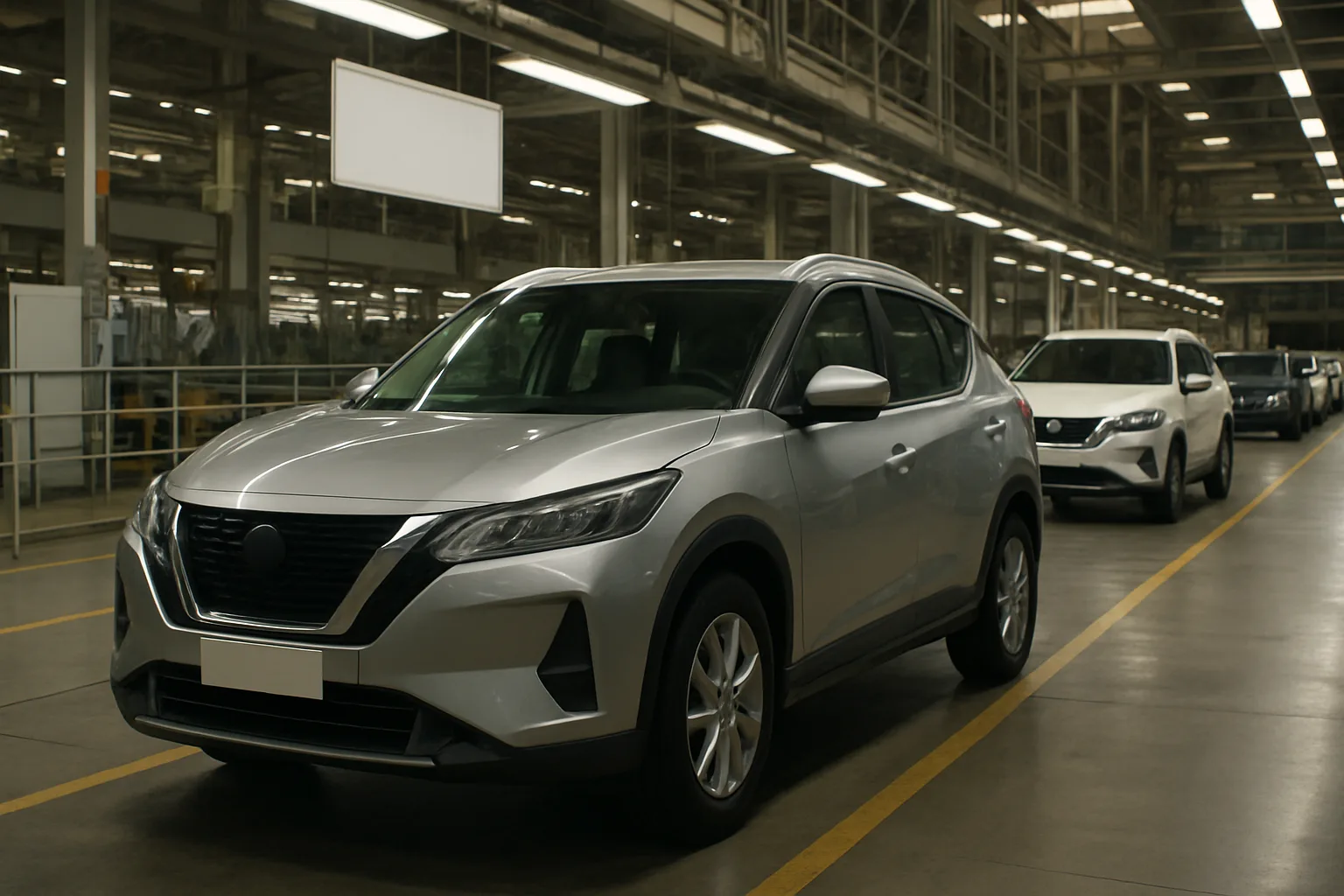 A silver SUV stands in the foreground of a clean, well-lit car factory with another vehicle behind it on the production line
