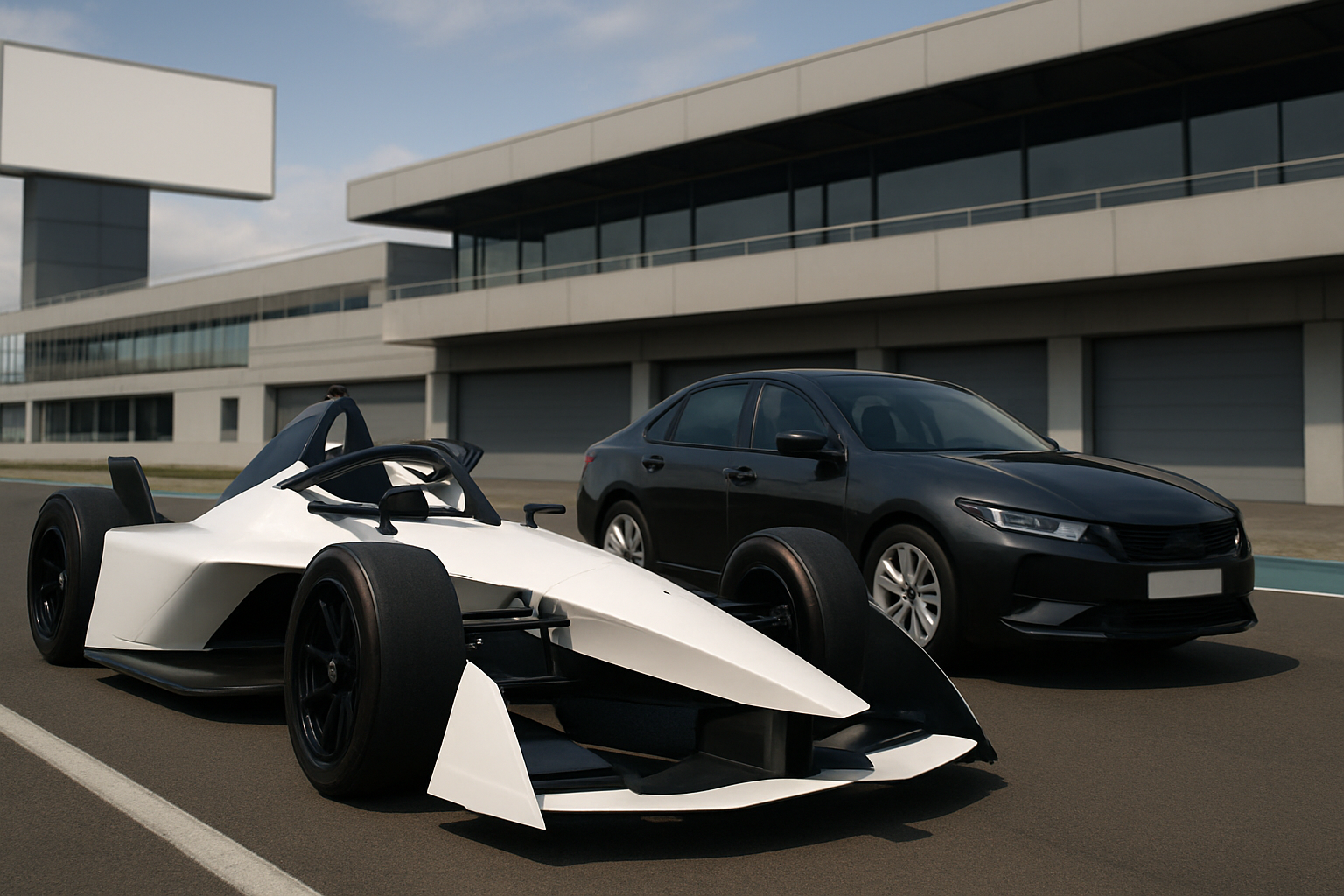 Sleek white single-seater race car with black wheels beside a dark sedan on a sunlit track in front of modern buildings