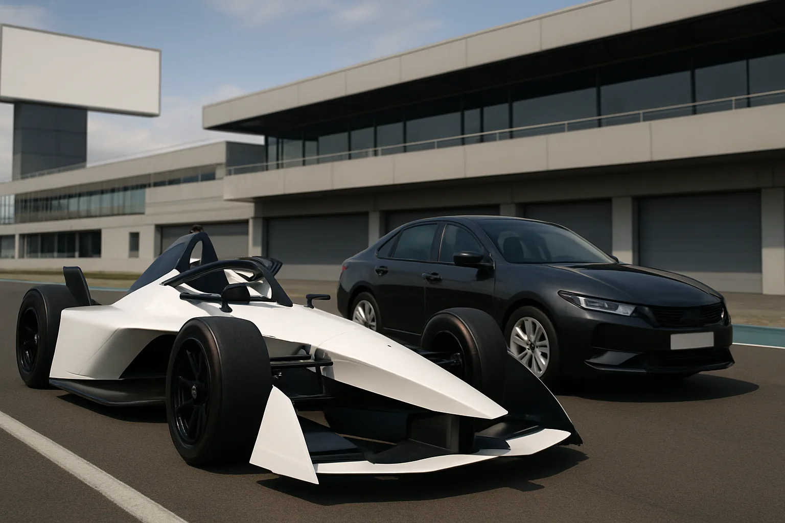 Sleek white single-seater race car with black wheels beside a dark sedan on a sunlit track in front of modern buildings