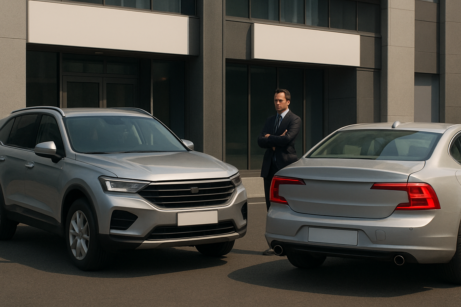 A man in a suit stands with arms crossed between two silver cars parked on an asphalt lot outside modern offices