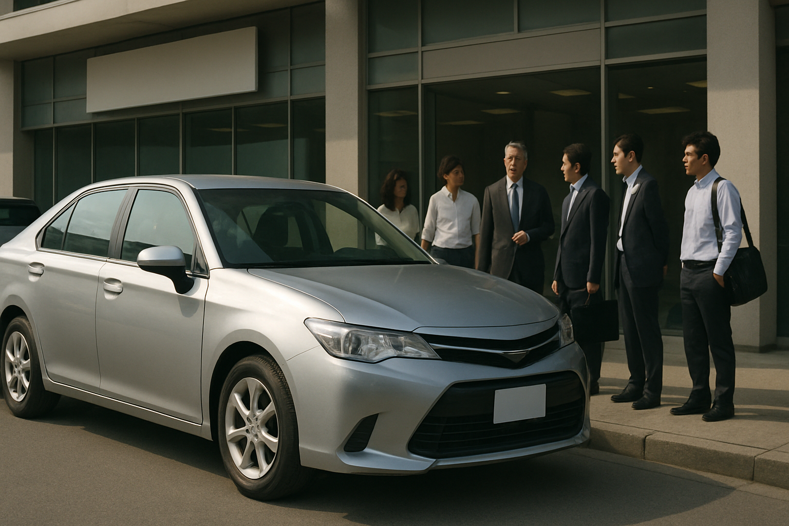 Six people in business attire stand on a pavement conversing beside a parked silver sedan in soft natural daylight