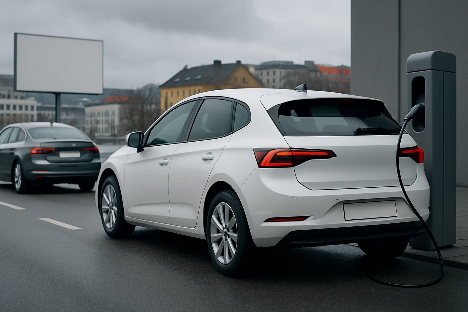 White hatchback car charging at a roadside station on a grey day, with another car driving past city buildings in the background