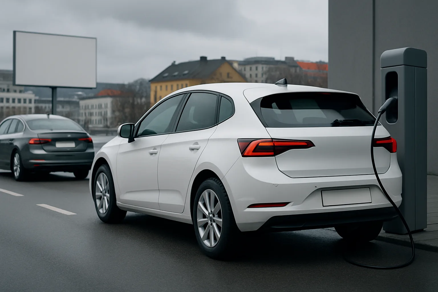 White hatchback car charging at a roadside station on a grey day, with another car driving past city buildings in the background