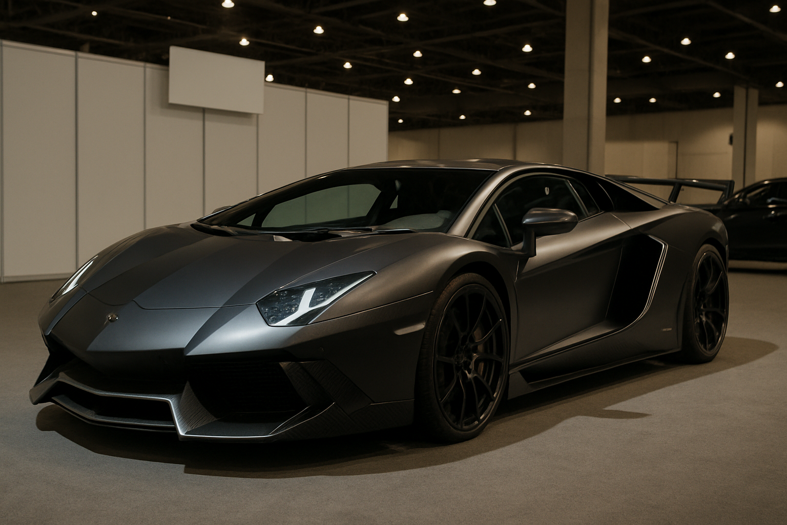 A low, angular sports car with matte charcoal bodywork, dark wheels and carbon accents under soft indoor exhibition lighting