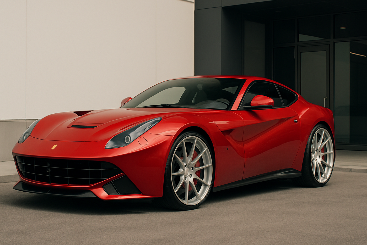 Sleek red sports car with glossy finish, wide custom silver wheels and dramatic curves parked by a modern building