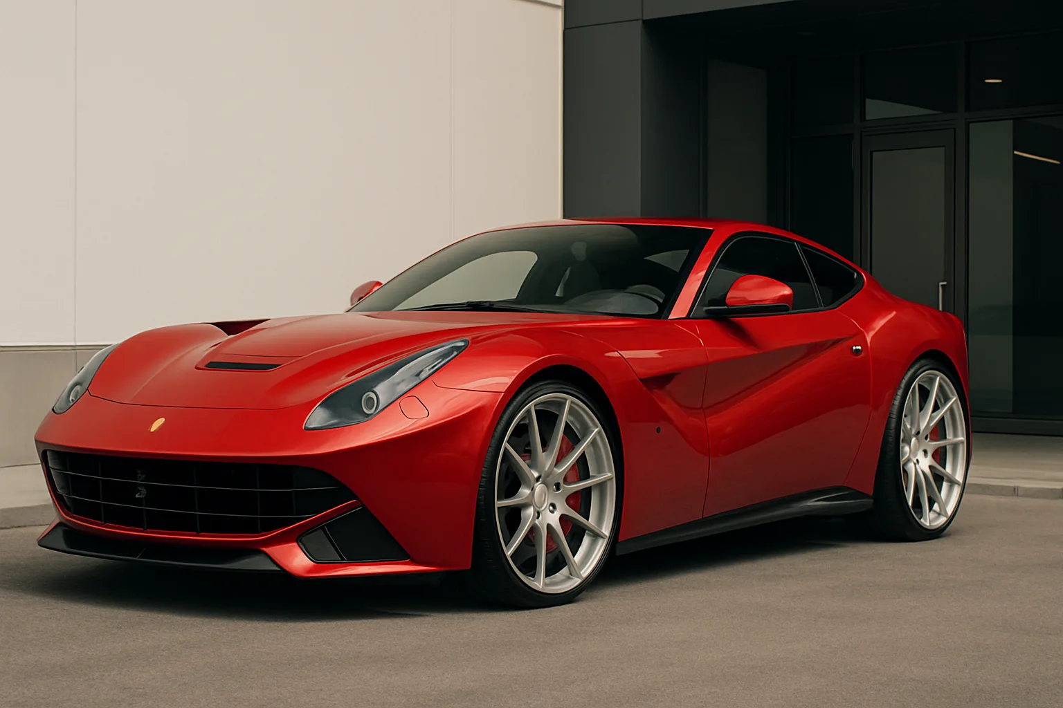 Sleek red sports car with glossy finish, wide custom silver wheels and dramatic curves parked by a modern building