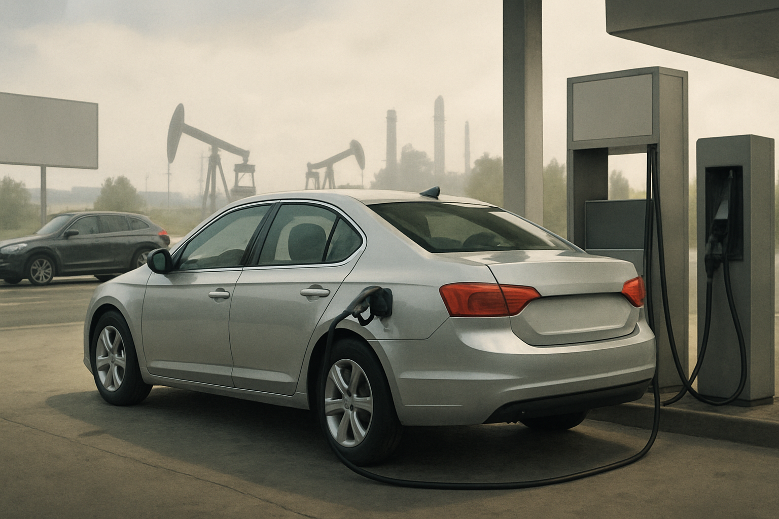 A silver car charging at a modern station with oil pumps and smokestacks visible in a muted, hazy background