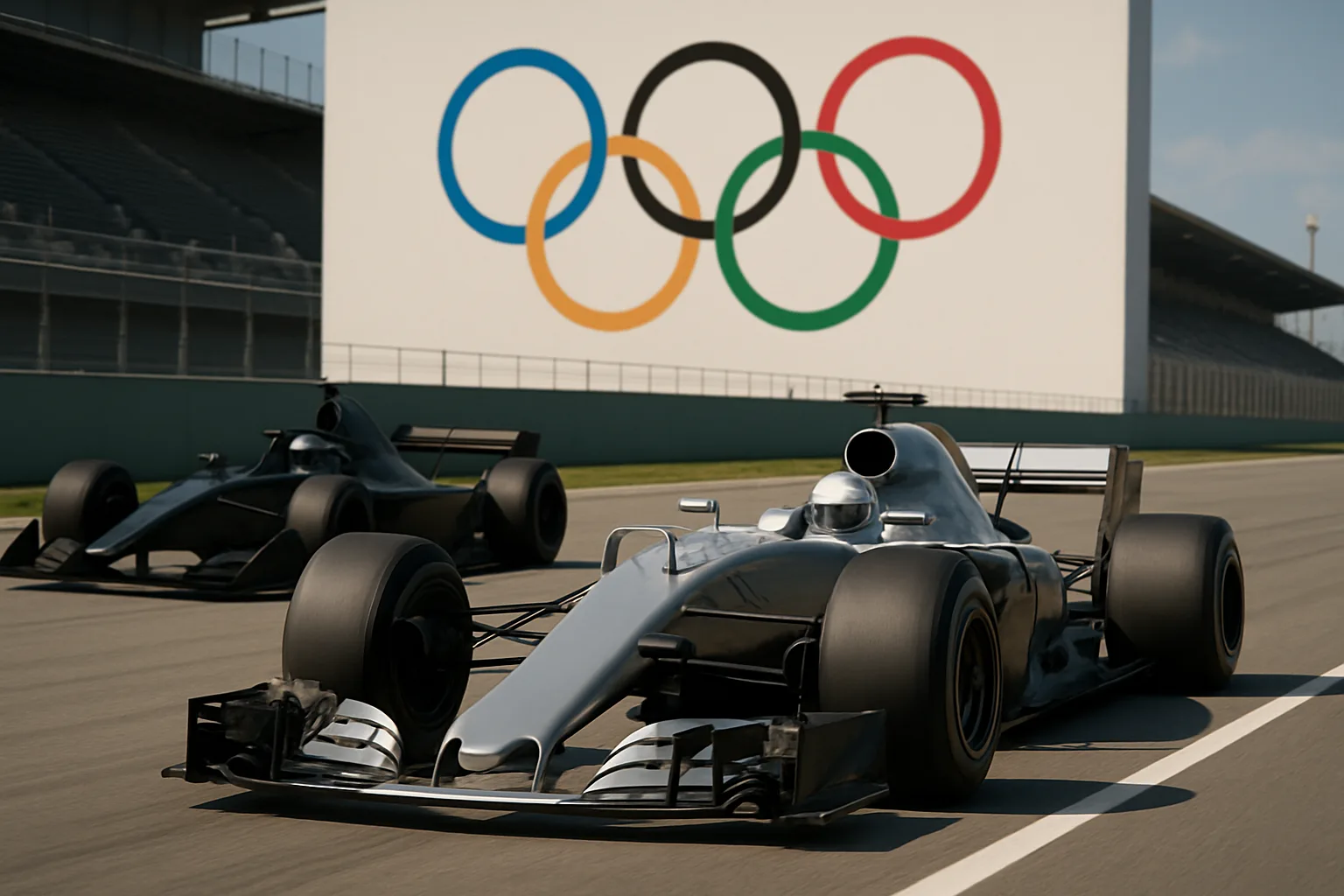 Two silver and black open-wheel race cars speed along a sunlit track past a large Olympic rings display