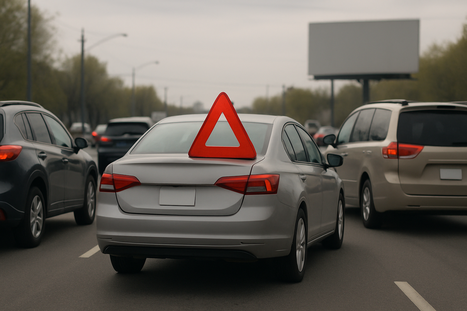 A silver sedan with a large red warning triangle on its roof drives among other cars on a wide, overcast road