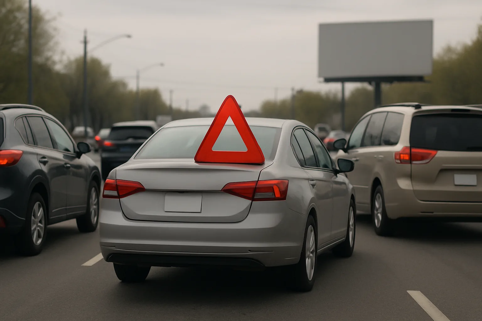 A silver sedan with a large red warning triangle on its roof drives among other cars on a wide, overcast road