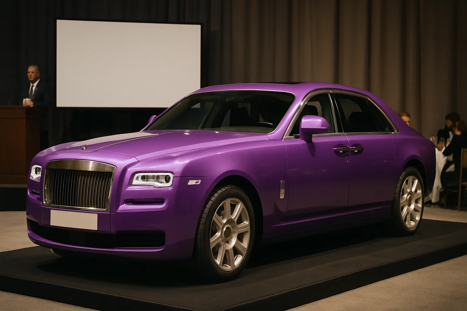 A sleek purple luxury car with silver detailing is spotlighted on a black platform in a dimly lit indoor setting