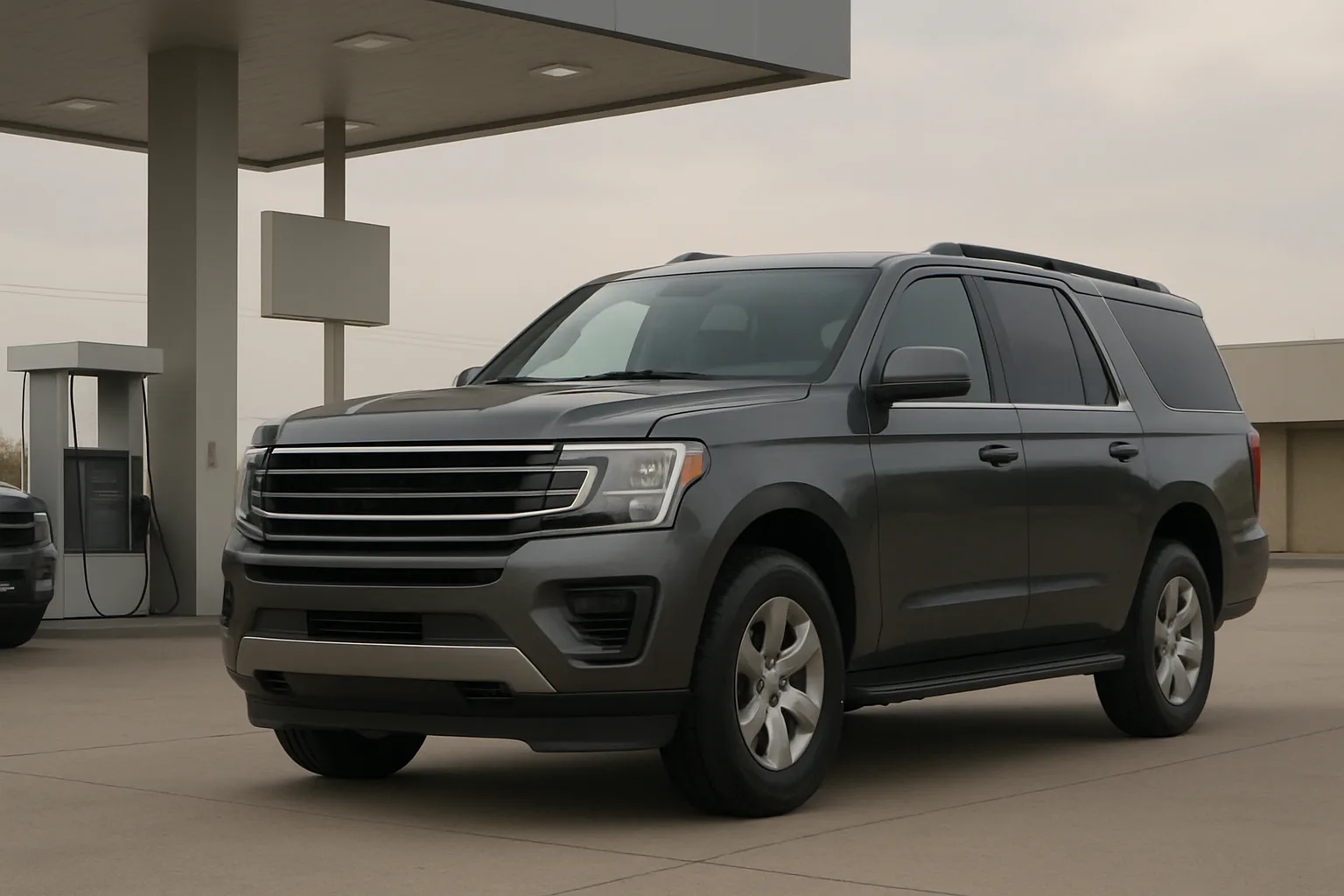 Large, gray SUV parked at an empty gas station under overcast skies, with concrete pavement and a blank sign nearby