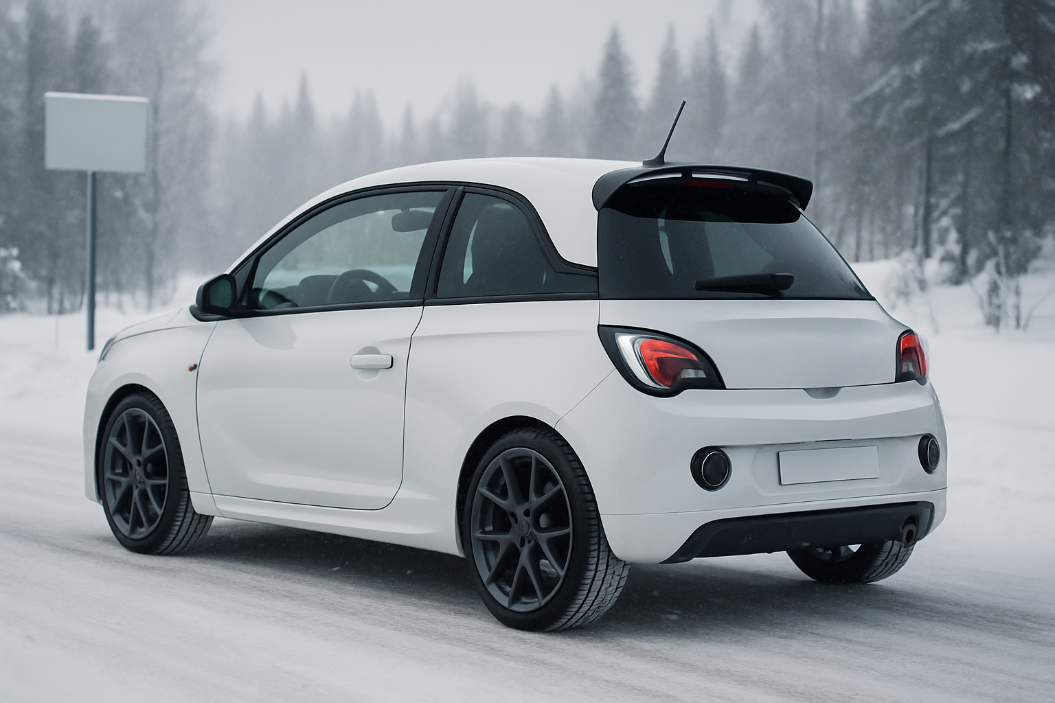 Compact white hatchback with black roof and dark alloy wheels on a snowy road, surrounded by frosty trees and mist