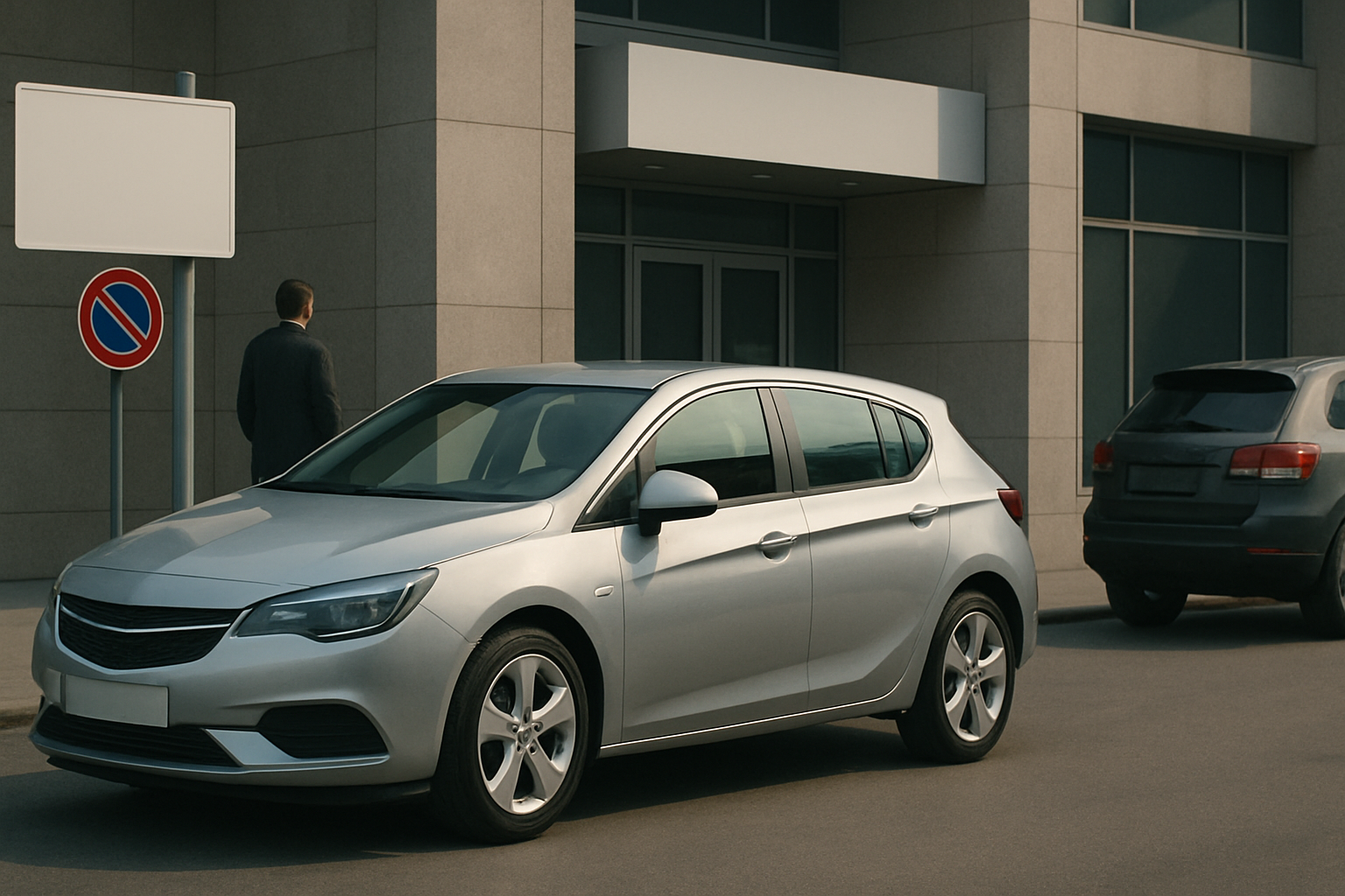 Silver hatchback parked on a sunlit street outside a modern building, with a man walking nearby and another car behind