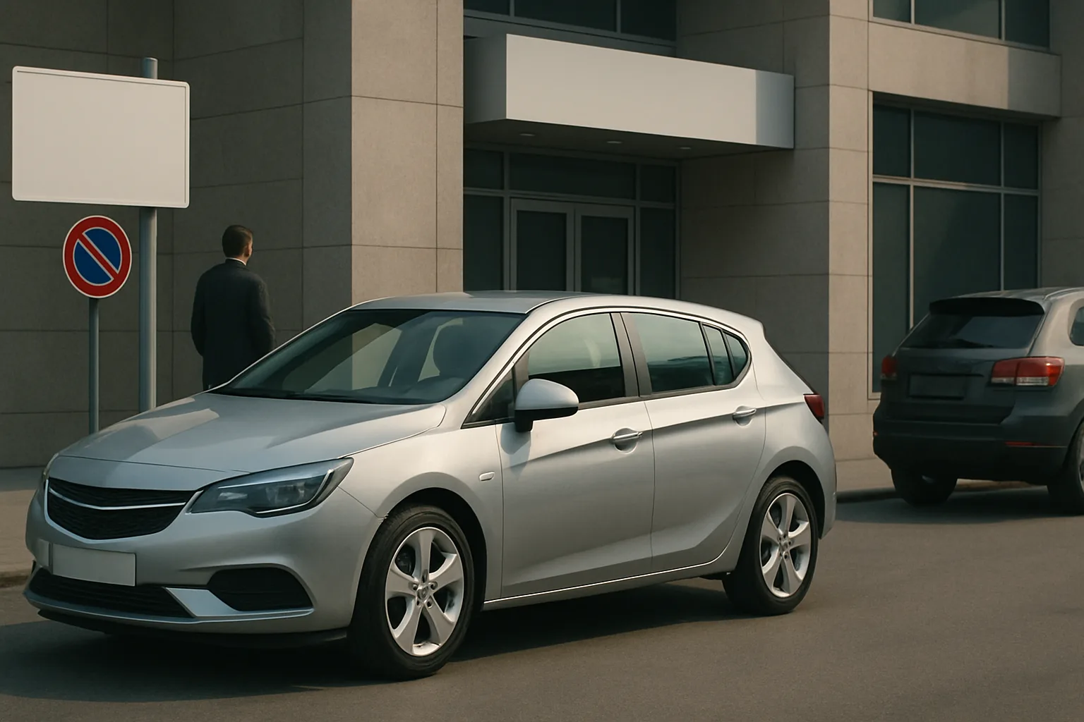Silver hatchback parked on a sunlit street outside a modern building, with a man walking nearby and another car behind