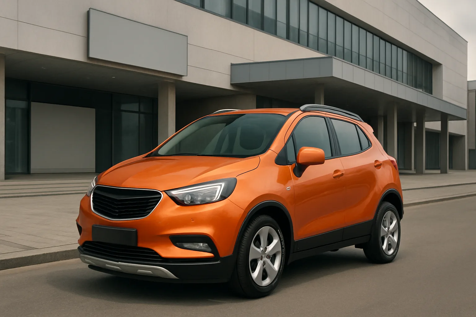 Bright orange compact SUV with black trim parked on a paved street in front of a modern grey building, under soft daylight