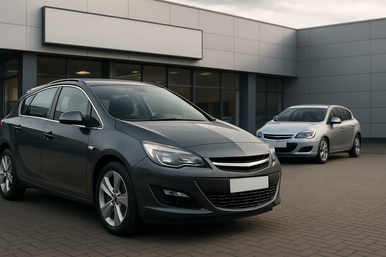 Two grey hatchback cars parked on a paved forecourt in front of a modern building with large windows and grey paneling