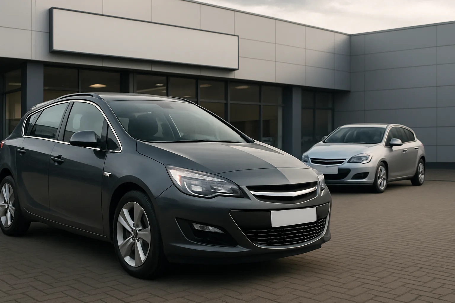 Two grey hatchback cars parked on a paved forecourt in front of a modern building with large windows and grey paneling