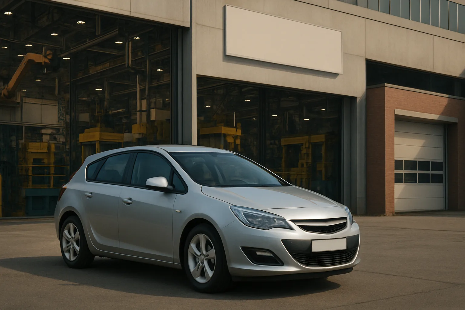 Silver hatchback car parked on concrete outside large industrial building with tall glass and metal doors in soft daylight