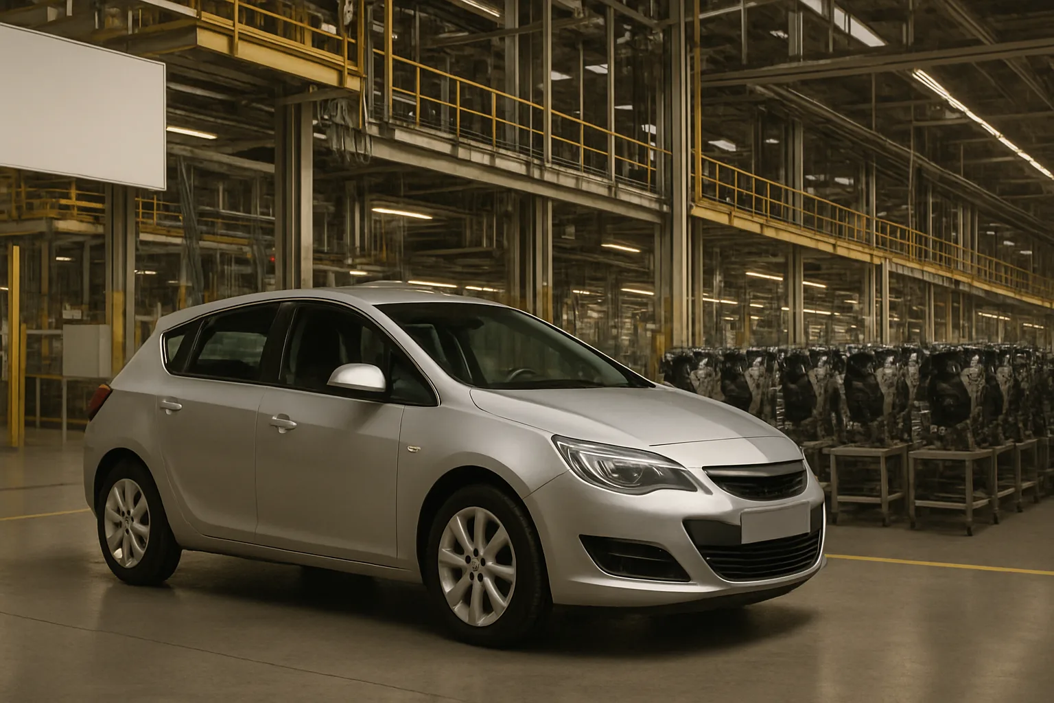 A silver hatchback-shaped car stands inside a spacious, brightly lit industrial factory with metal railings and engine blocks nearby