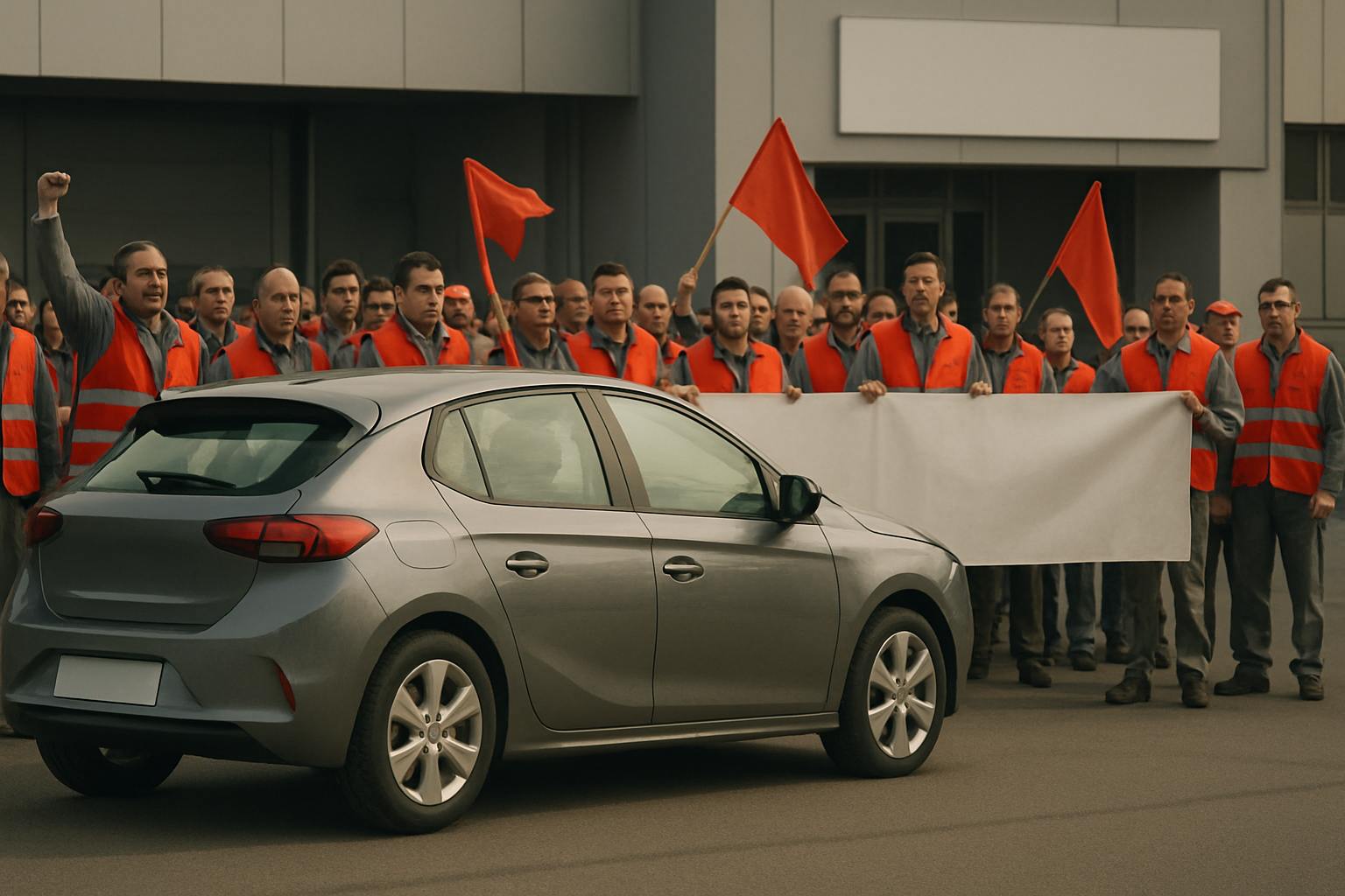 Group of people in orange safety vests holding red flags and a blank white banner behind a grey car outside a building