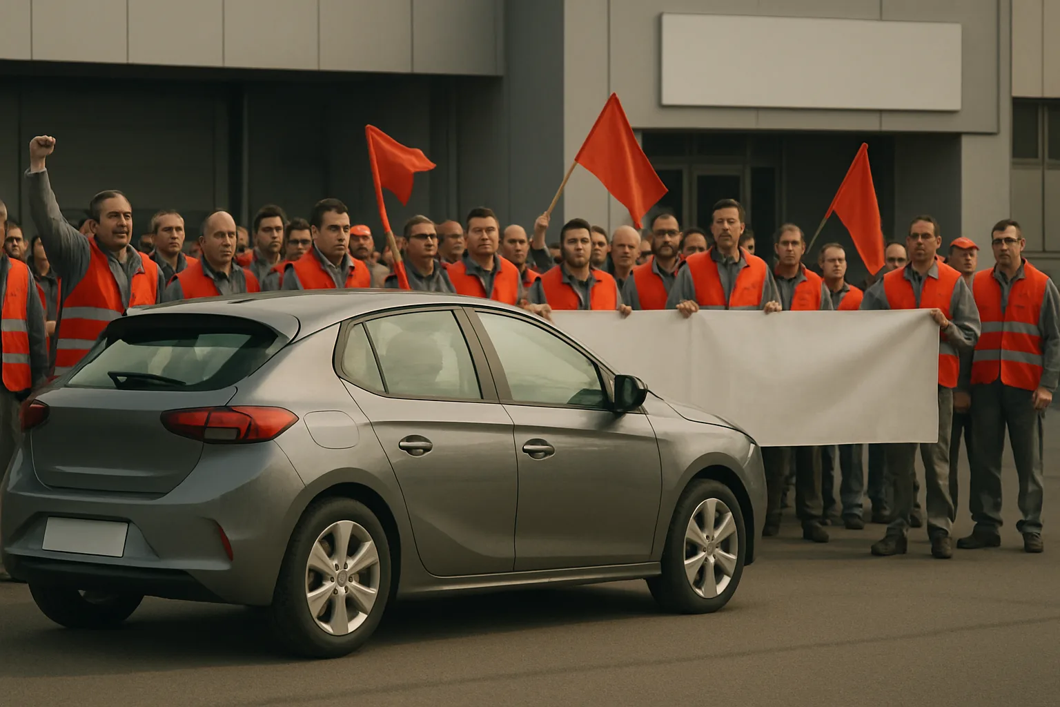 Group of people in orange safety vests holding red flags and a blank white banner behind a grey car outside a building