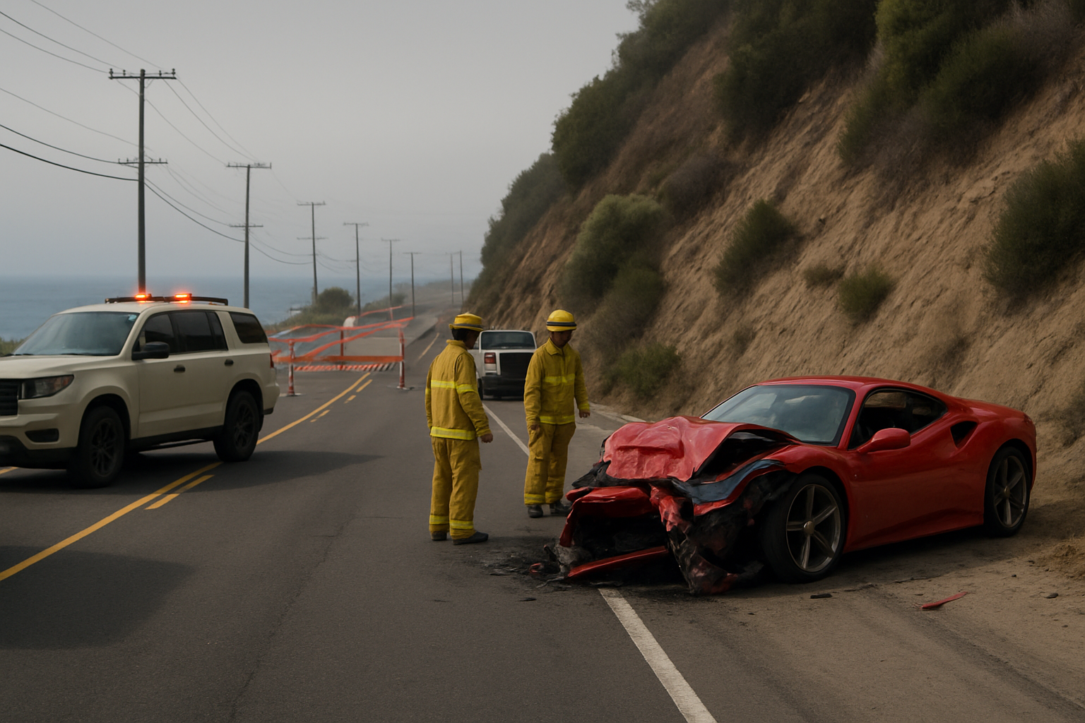 Two firefighters stand beside a crumpled red sports car on a coastal road with a police SUV and road barriers nearby