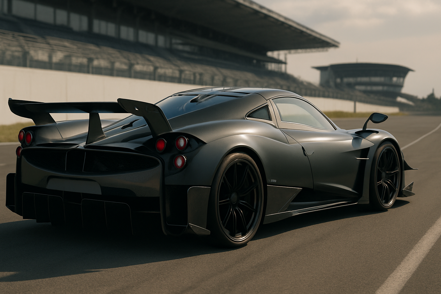 Sleek black supercar with exaggerated curves, large rear wing and diffuser parked on an empty racetrack in soft daylight