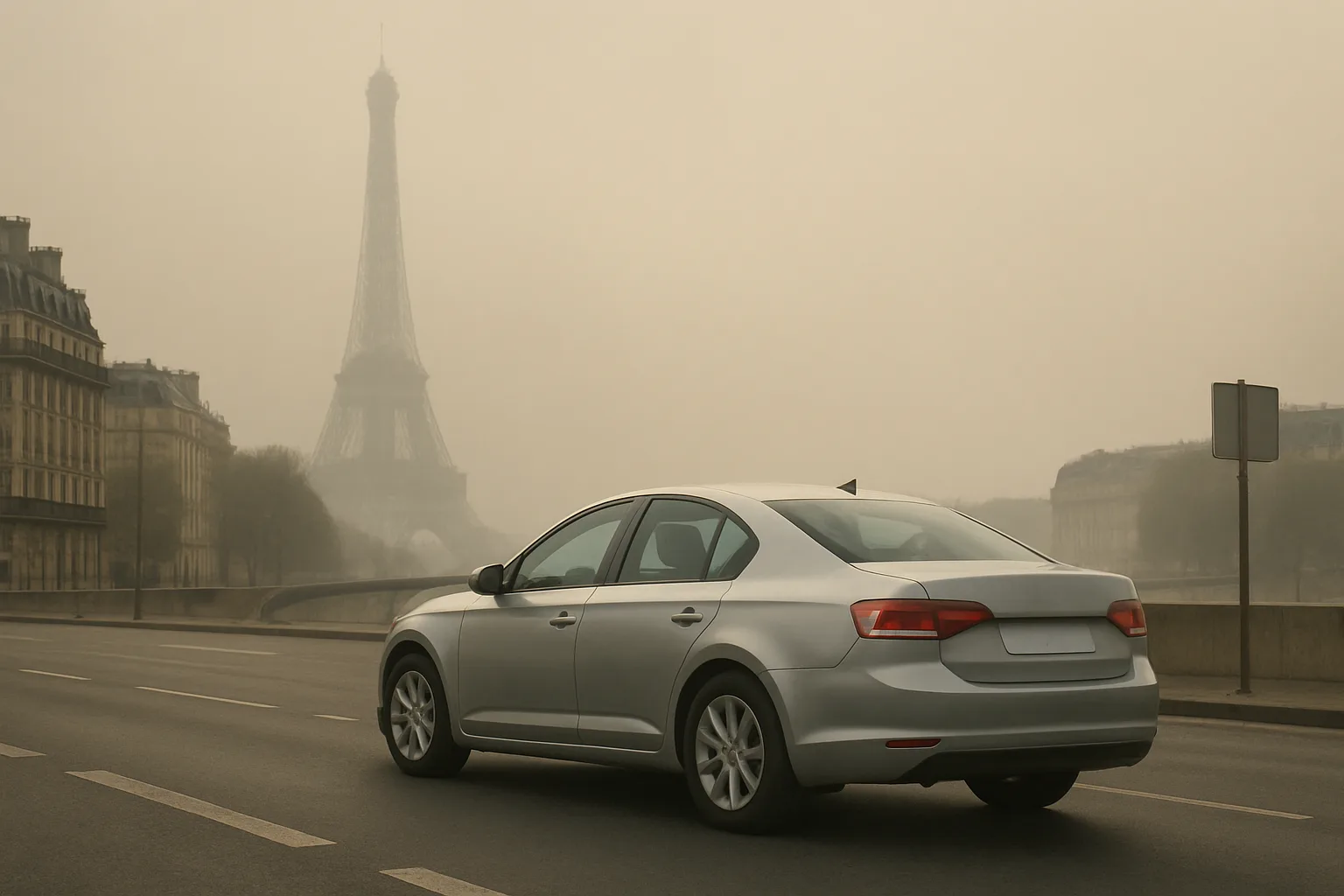 Silver car on a nearly empty wide road with hazy beige sky, muted buildings, and the Eiffel Tower obscured in the background