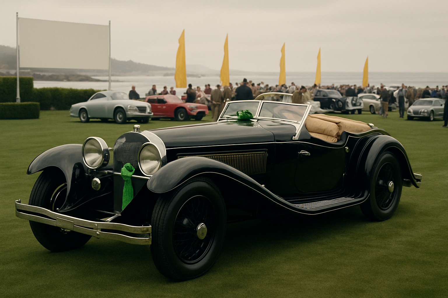 A sleek black vintage convertible with a tan interior sits on a manicured lawn, surrounded by people and classic cars