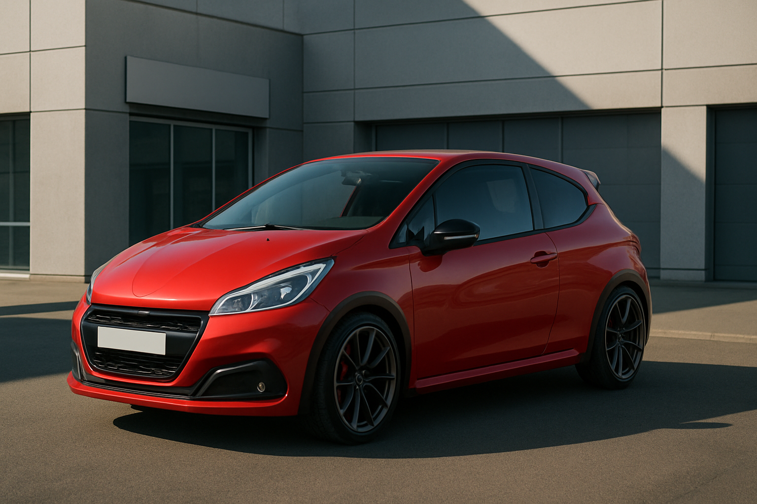 Glossy red compact hatchback with dark windows and black wheels parked on sunlit concrete outside a modern building