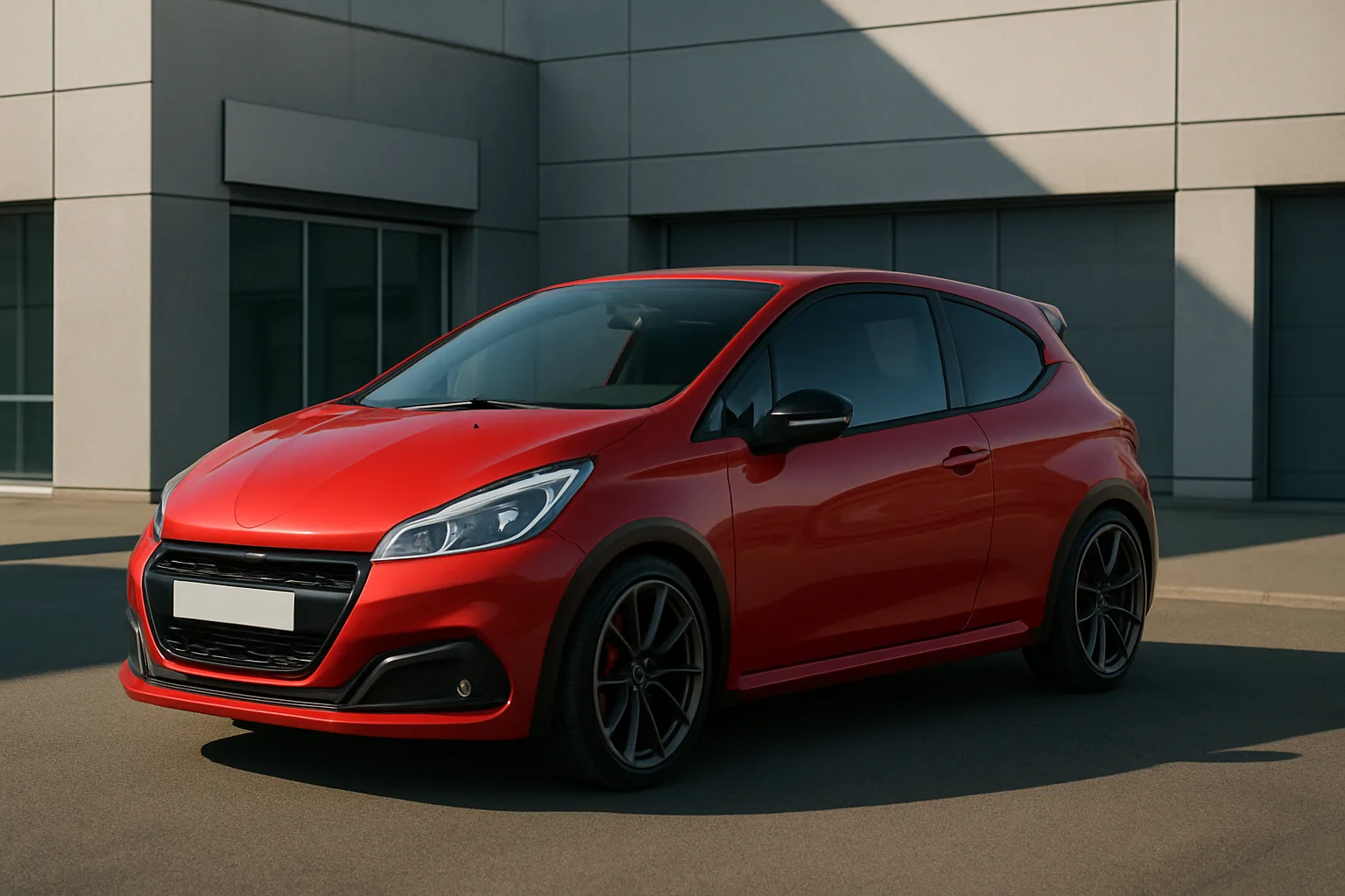 Glossy red compact hatchback with dark windows and black wheels parked on sunlit concrete outside a modern building