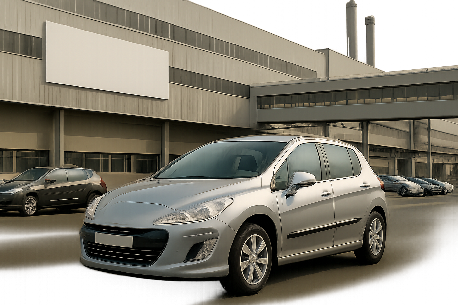 A silver hatchback car parked on an empty, muted concrete lot in front of a large grey factory building under overcast skies