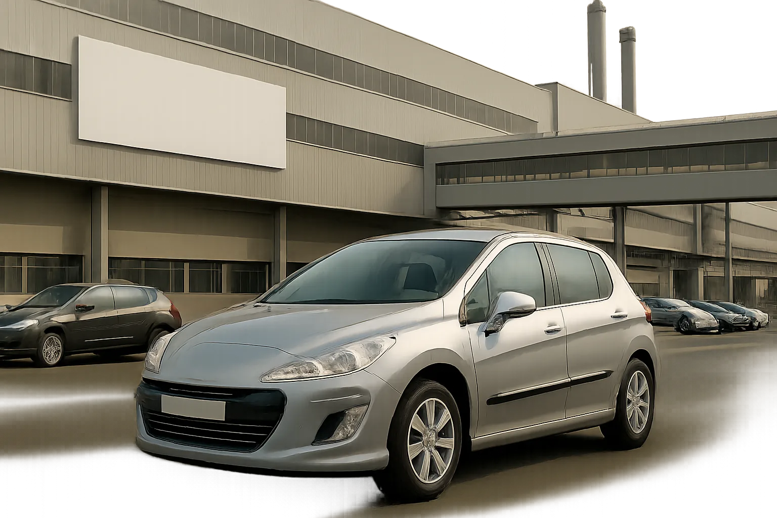 A silver hatchback car parked on an empty, muted concrete lot in front of a large grey factory building under overcast skies
