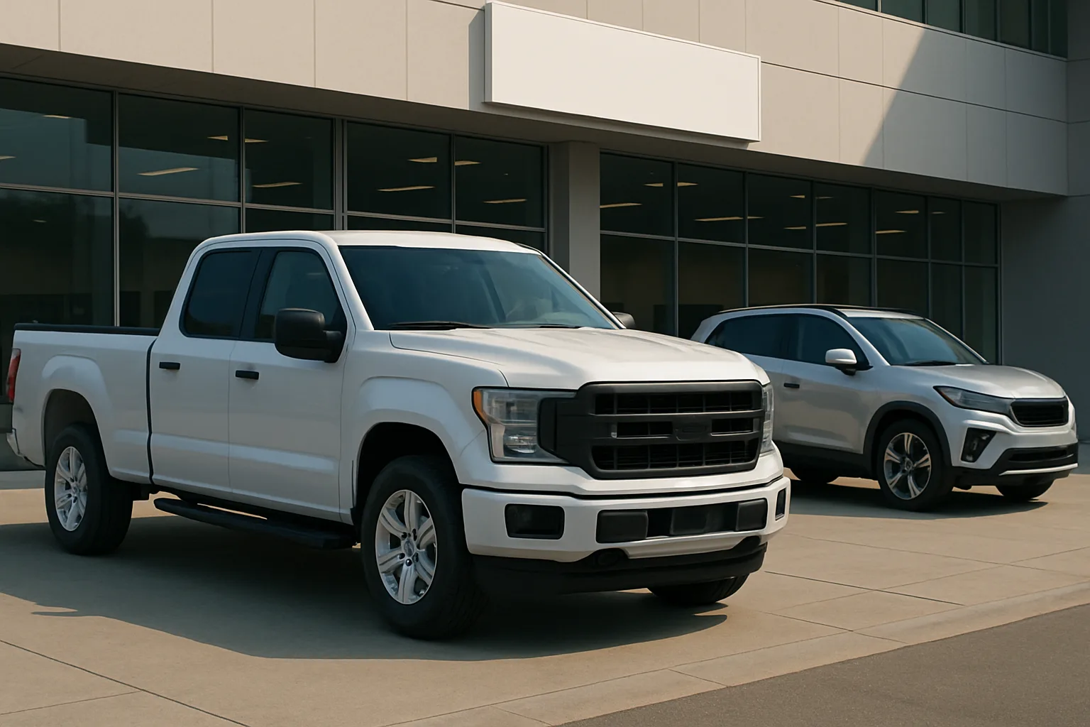 Two light-colored vehicles, a large pickup truck and a compact SUV, parked side by side on a sunlit modern forecourt