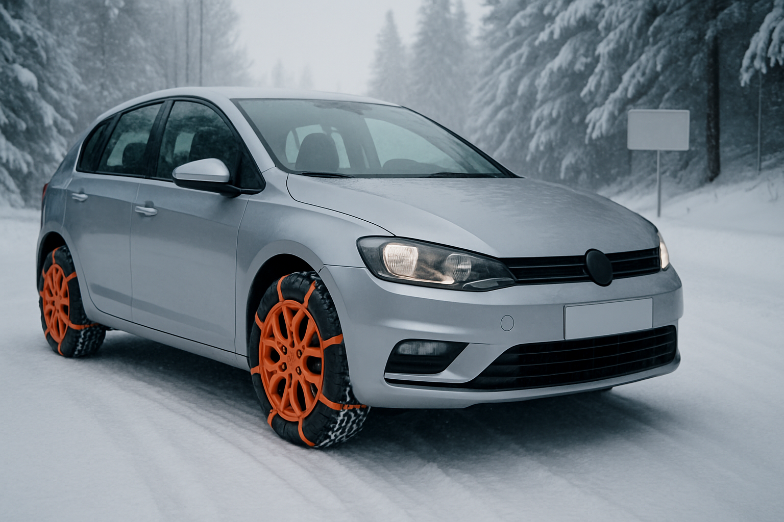 A silver hatchback parked on a snowy road with bright orange plastic chains fitted to all four tyres