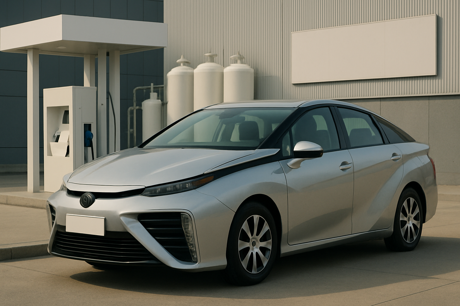A sleek silver sedan with dark-tinted windows parked beside a white fuel pump and cylindrical storage tanks