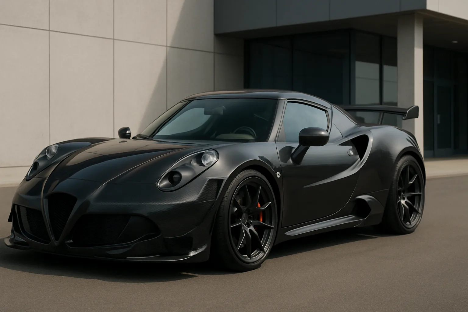 A low, wide sports car with a matte black carbon fiber body, flared wheel arches and large rear wing, parked by a modern building